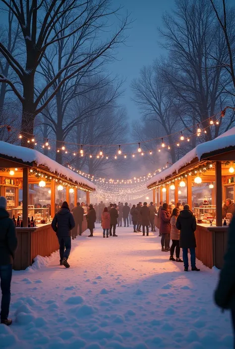 Create a food and wine fair in a snowy garden at night