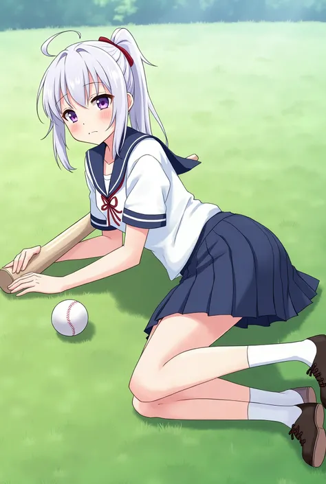 white hair 、Purple Eyes、girl、High school student、baseball player、single ponytail 、a baseball、bat、While sleeping