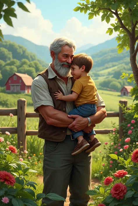 Countryside, farm, garden, man holding child