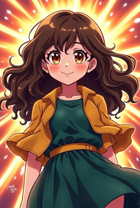 Create a my hero academia style image of a chubby girl, high, brown wavy hair, white tea, eyes the color of honey, charismatic