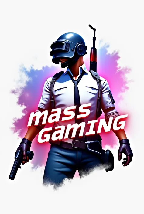 Design a vibrant 3d gaming logo with a PUBG game character on the back with a glowing light, in the middle it says “MASS Gaming”, white logo background