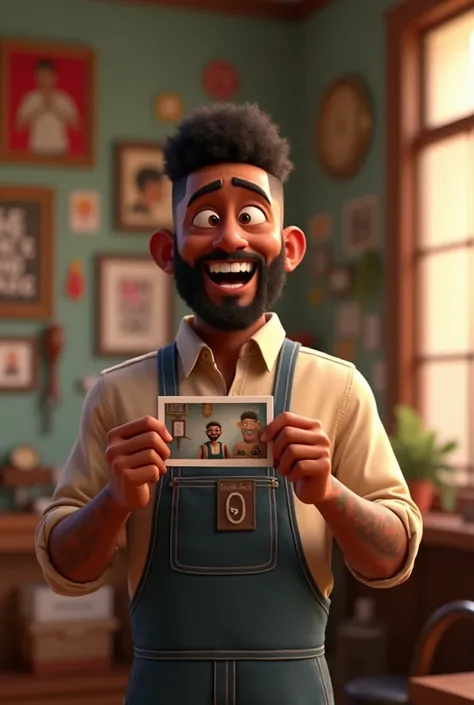 3D pixar a scene with a happy 2 man celebrating 100k he is a black skinned barber with the buzz cut cute fade, he has a short goatee, is looking at the photo smiling 