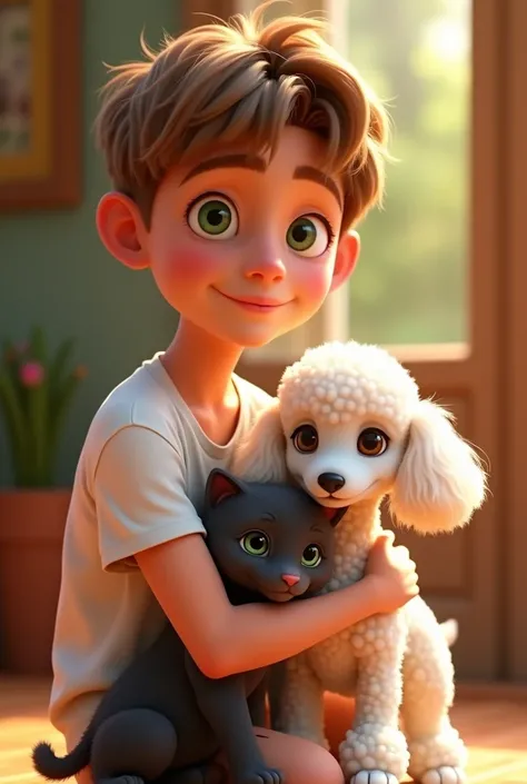 Disney Pixar style 3d render of a boy de 16 años de edad, un adolescente with light brown hair, pelo rapado, white tea, small green eyes, small head, Athletic body with loose and comfortable clothing. Hugging a small white poodle with curly hair and brown ...