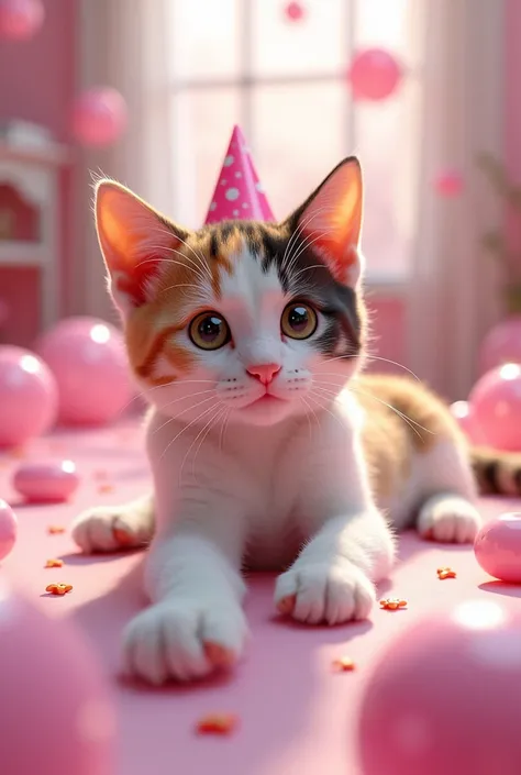 hyper detailed, 8k, One calico cat, no humans, with sparkling eyes, kawaii, Showing cat paws, main artwork, full body shot, dynamic angle,abyss,inside, inside, in the room, lying down, at birthday, pink and white