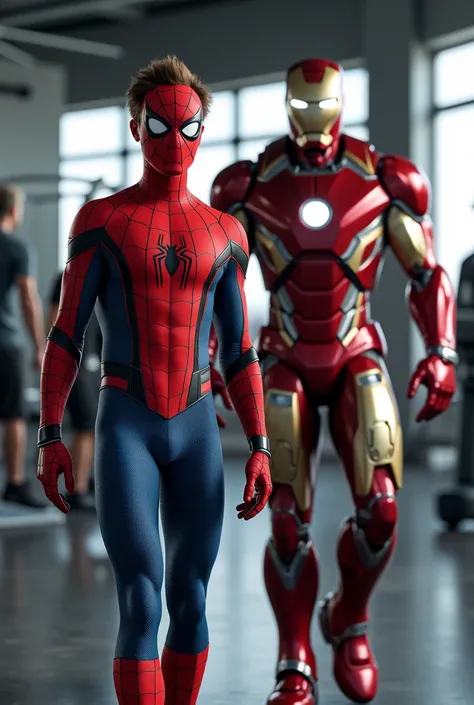 A teenager Spider-Man pull up at the gym with Iron Man