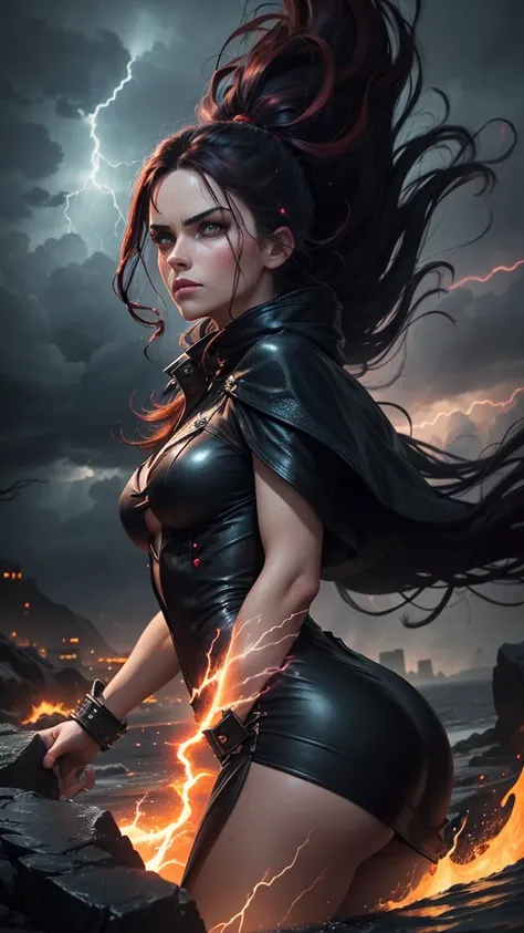 Ultra detailed digital art masterpiece, close face portrait of a fierce storm witch, intense crimson and black hair flowing wildly in a raging storm, dark and electric atmosphere, she stands on a rocky cliff with lightning striking all around, golden tatto...