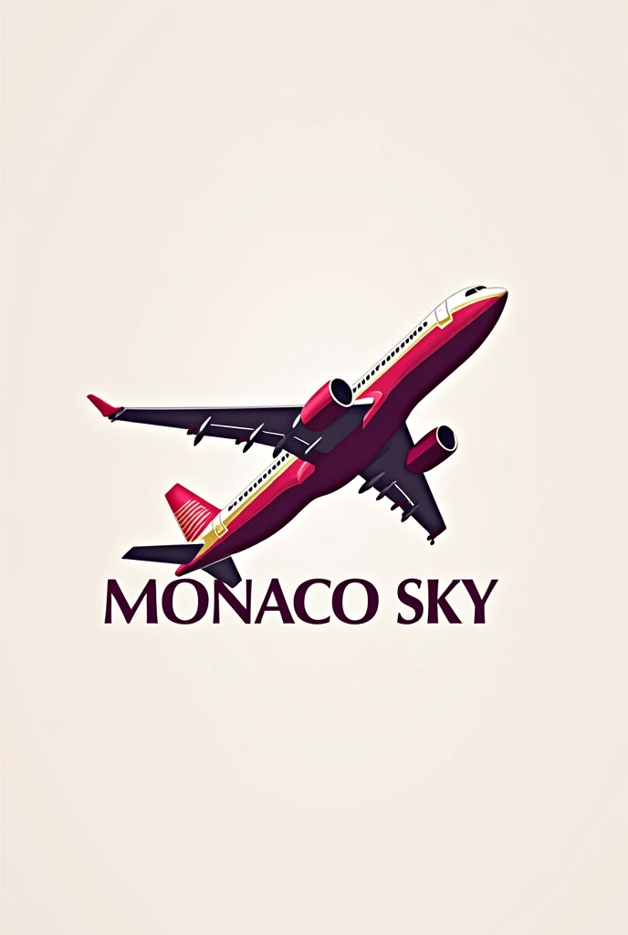 Logo for airline with a plane with name monaco sky in magenta white and gold colors 