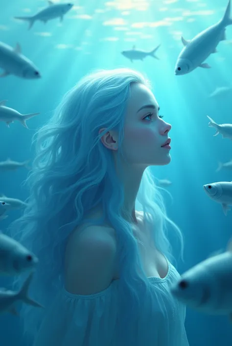 In the water、woman、Long Hair、Many fish、high resolution、god秘的、god々Shii、Light blue hair、Light blue eyes、profile、From afar