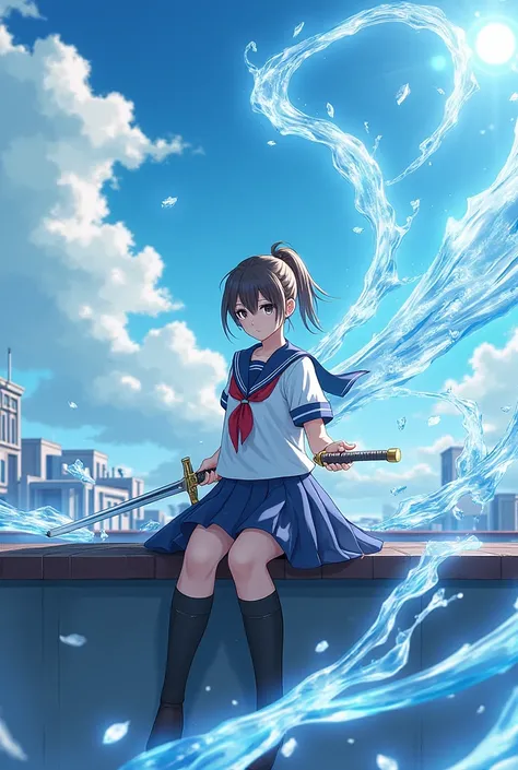 Wearing school uniform，hood，The girl with ponytail is sitting on the roof of the school with two swords，Surrounded by wind and ice magic
