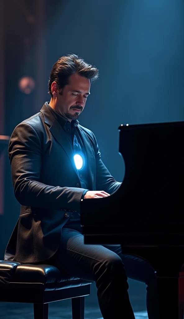 Robert Downey Jr., as Iron Man, sits at an electric piano on stage, his fingers gliding over the keys with surprising grace. The arc reactor in his chest glows softly through his suit, casting a faint blue hue against the polished black of the piano. His e...