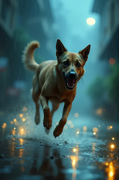 A indian spits dog running through the rain chaseing fireflies