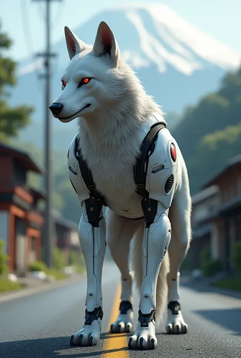 White cyborg wolf with red eye standing in Japans road 