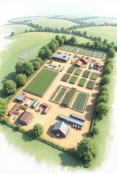 A technical illustration of a plan of a farm with approximately 700 square meters 
