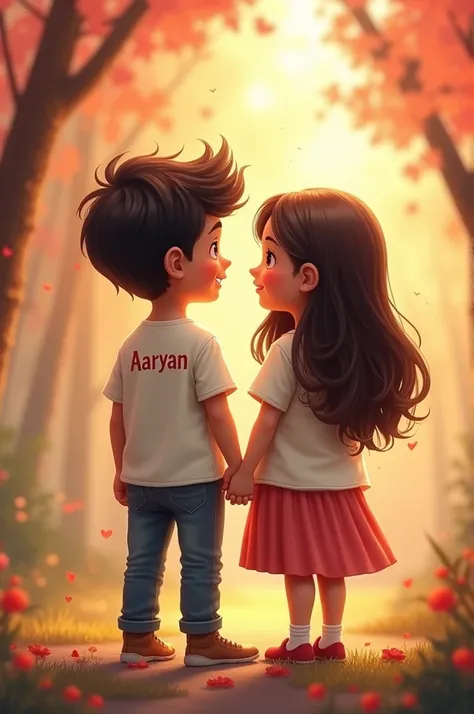 A boy and girl are standing and fall in love boy shirt have written AARYAN name and girl shirt have written MANISHA name
