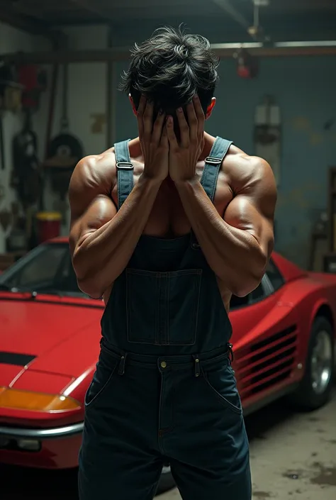 mechanic (young brunette, latino, muscular man) in old garage next to testarossa , and covering his face by hands, he looks scary, and desperate