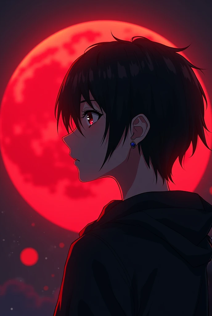 Create an anime style character, blackquality hair, looking at the left, earring and nose piercing, using a moon in the background as light, this being red