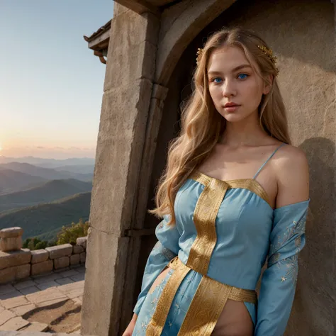 Create a highly detailed, photorealistic image of Anna, a 2 blonde woman with blue eyes, portrayed as a modern-day goddess. She is standing on a mountain peak, with the sun setting behind her, casting a golden glow. Her outfit is a blend of ancient and mod...