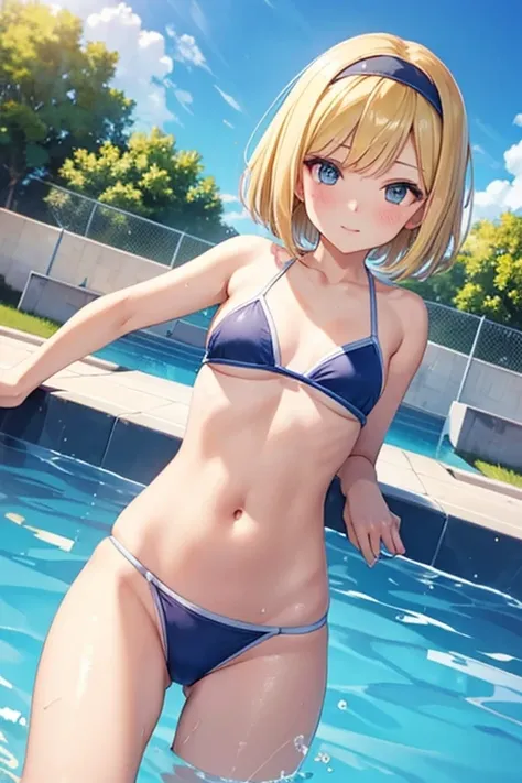 girl,,Young junior high school students,Short Bob,bangs,blonde,  Small breasts,Small breasts,,（（（Small breasts）））,, {Highest quality}, {so beautiful}, Are standing,Spread your legs,{Very detailed}, {Best illustrations},  Low - Angle, ,Angle from below, ,Sw...