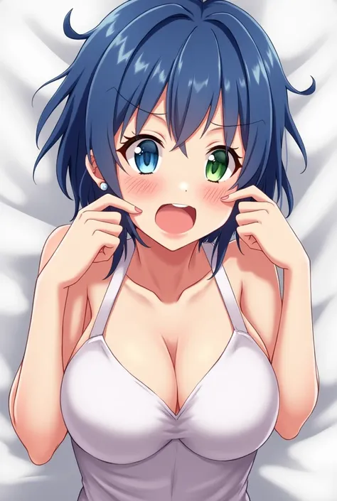 1 , high resolution, breasts big, heterochromia, ahegao, excitado, shorth hair, hair blue, アニメ, anime styling, breasts big, aretes, rear view, 