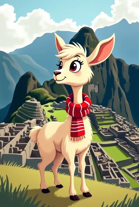 Vicuña with red and white scarf at Machu Picchu in Peru in cartoon 