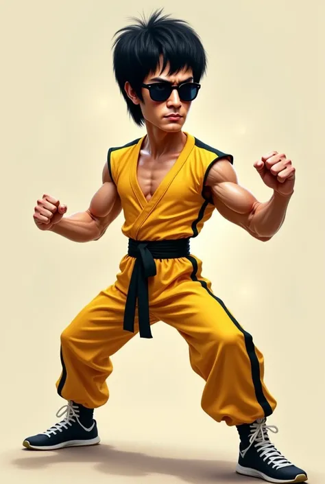 Realistic  caricature,  full body ,bruce lee ,in fighting pose, bruce lee outfit, put in oakley sunglasses,