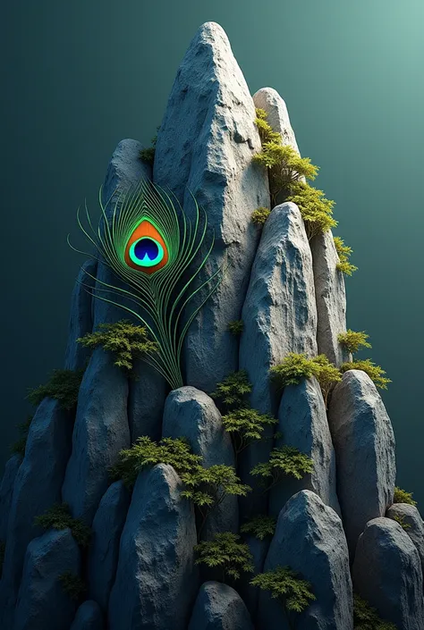 Create a logo of A rocky mountain with one peacock feather on the left top corner with all its natural colours