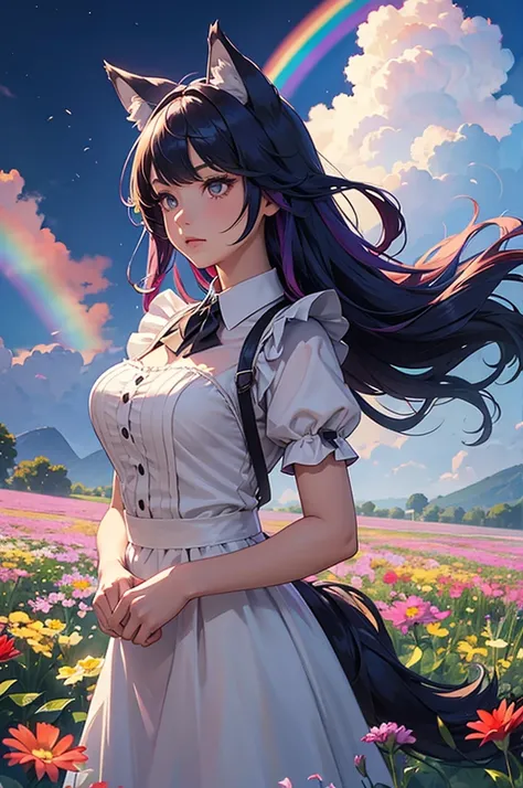 A girl with long rainbow hair is wearing a maid outfit and standing in a flower field with lots of big flowers. Upper body, wolf ears, wolf tail