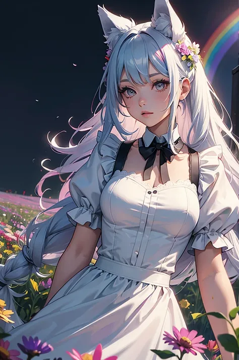 A girl with long rainbow hair is wearing a maid outfit and standing in a flower field with lots of big flowers. Upper body, wolf ears, wolf tail