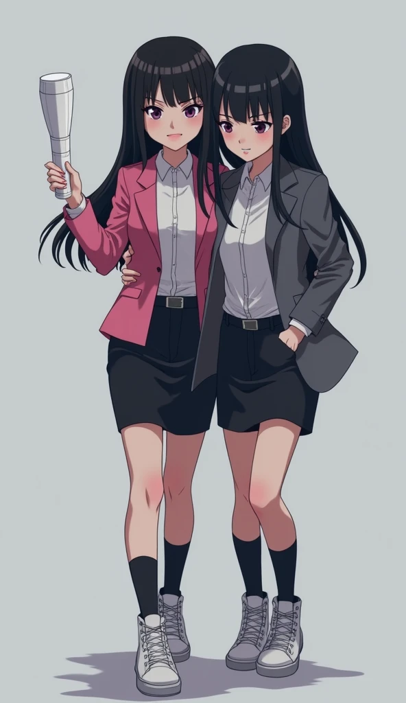 Two young womens, long black hairs, yuri, same height.

The first young women wear a light hot pink suit jacket, white shirt, black pencil skirt 14 cm, black underpants, black socks, white sneakers high top.

The second young women wore a grey suit jacket,...