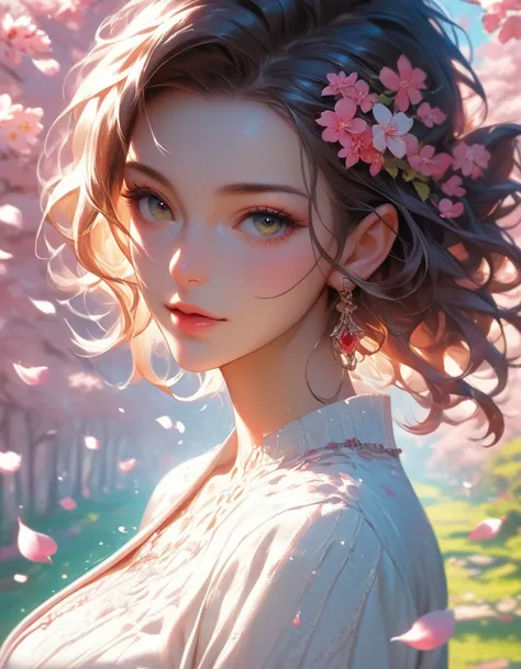 a remarkably beautiful young woman, illustrated by hidenori matsubara, surrounded by a vibrant fantasy landscape, with cherry bl...