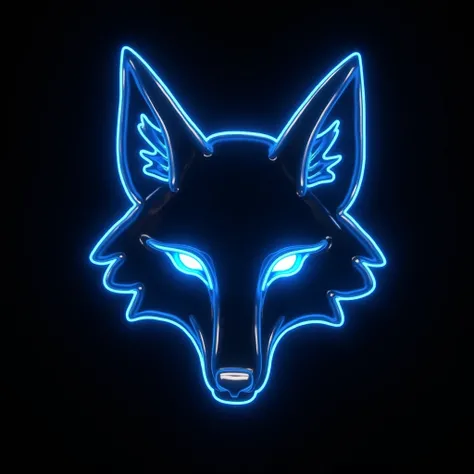 a close up of a metallic neon blue fox head on a black background, blue fox, digital fox, alpha wolf head, glowing blue face, neon outline, with glowing blue lights, blue glowing eyes, ((metallic head fox))