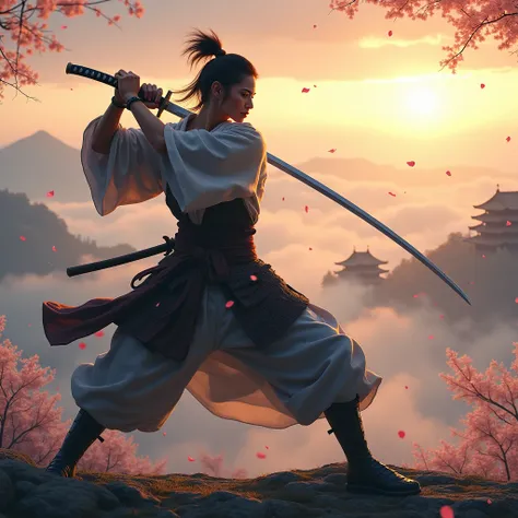 Hyper-realistic portrayal of a samurai in mid-action, caught in the dramatic moment of swinging his katana. The scene is set at dawn atop a misty mountain, where the rising sun casts a golden glow across the landscape. Cherry blossom petals float in the ai...