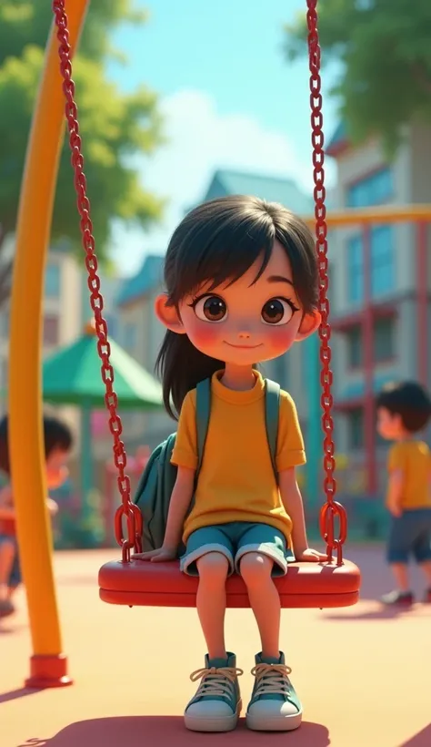 A medium shot of Lilly, a  with a cute appearance, sitting alone on a colorful playground swing. She’s looking wistfully at other kids playing. Lilly has a shy smile and her backpack is beside her. The playground is lively but her area is quieter to emphas...