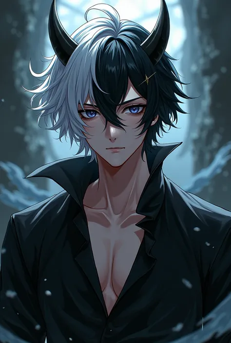 Anime boy is Demon with black and white hair Sexy

