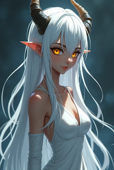 anime version , young dark skinned woman with long white crested horns,  yellow color eyes, long white hair wearing on her body a long thin white dress 