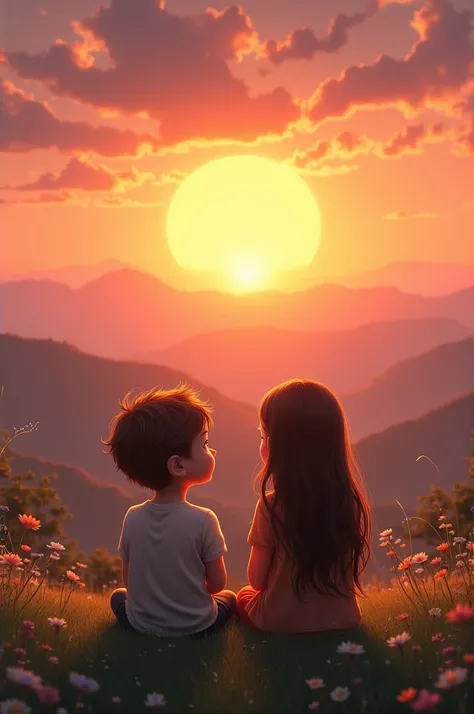 a boy and a girl, watching sunset