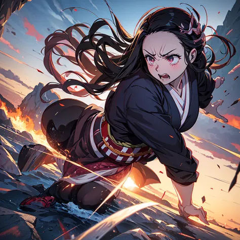 a realistic photo, hyper detailed, 12k,nezuko kamado, angry, she is preparing to attack, she is wearing her kimono, she is determined, demon slayer background, the details of this scene make this photo a masterpiece