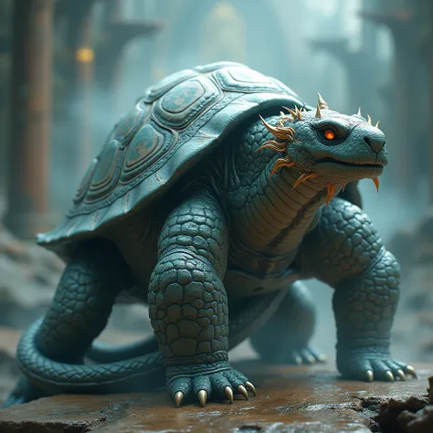 Giant Turtle,Giant Snake,Xuanwu,3D Rendering, Ultra-fine detail, high quality, High resolution, 最high quality，Imaginary Being,A sacred beast that resembles a long-legged turtle with a snake wrapped around it.