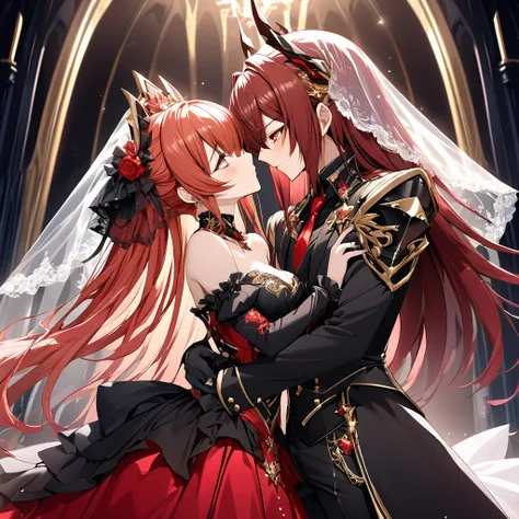 ((Highest quality)), ((masterpiece)), (detailed), （Perfect Face）、The woman is Extia Chevalier and has red hair.、The woman is wearing a gorgeous black wedding dress with gold embroidery and trim, and a black wedding veil, and is embracing and kissing the gr...