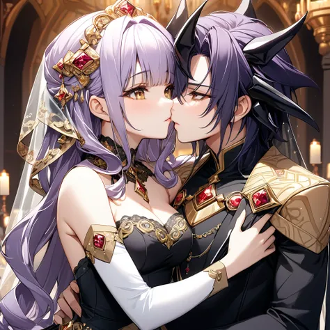 ((Highest quality)), ((masterpiece)), (detailed), （Perfect Face）、The woman has light purple hair in Extia Magica、The woman is wearing a gorgeous black wedding dress with gold embroidery and trim, and a black wedding veil, and is embracing and kissing the g...