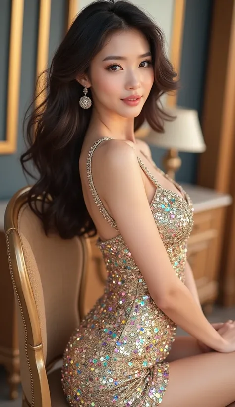 a gorgeous korean girl wearing the most vivid and luxurious glittering outfit, Tight clothing, Best quality, 8k, masterpiece, ultra-detailed, Realistic, photoRealistic, Physically based rendering, Vivid colors, sharpness, studio lighting
