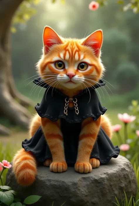 1 sweet cat is called Chappy and has his fur is orange and wears a black dress, sits on a stone and looks at you intently. 