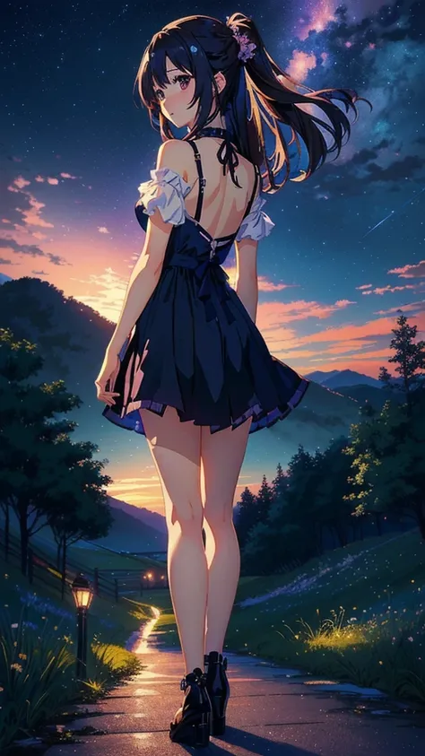 Anime-style painting of a cute girl looking at the night sky in the countryside、Beautiful anime scene、
Back view, high resolution、vivid、Anime Art、Landscape Background