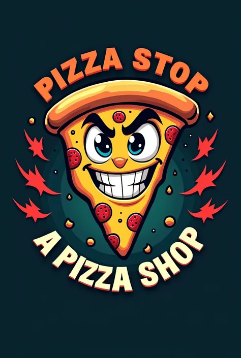 Create a dark cartoon vibe pizza shop logo with bold colors 