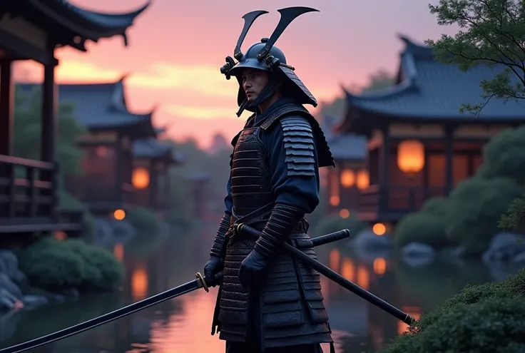 Hyper-realistic image of a samurai standing poised and ready for battle, with his katana raised. The setting is a traditional Japanese garden at twilight, where lanterns begin to glow softly amidst the lush greenery. The sky is painted in shades of purple ...