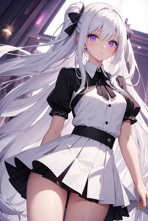 Young woman,long white hair,high resolution,purple eyes,decorations,best quality,white shirt,black skirt