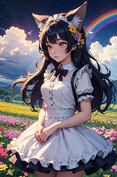 A girl with long rainbow hair is wearing a maid outfit and standing in a flower field with lots of big flowers. Upper body, wolf ears, wolf tail