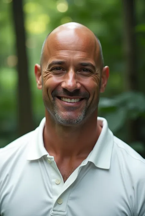 Homme cheveux rasés yeux noirs, portant un polo blanc, ressemblant un peu a vin diesel et en même temps a dwayne johnson, dans un cadre verdoyant type forêt, avec un léger sourire sans montrer les dents et surtout une photo très réaliste comme si cela étai...