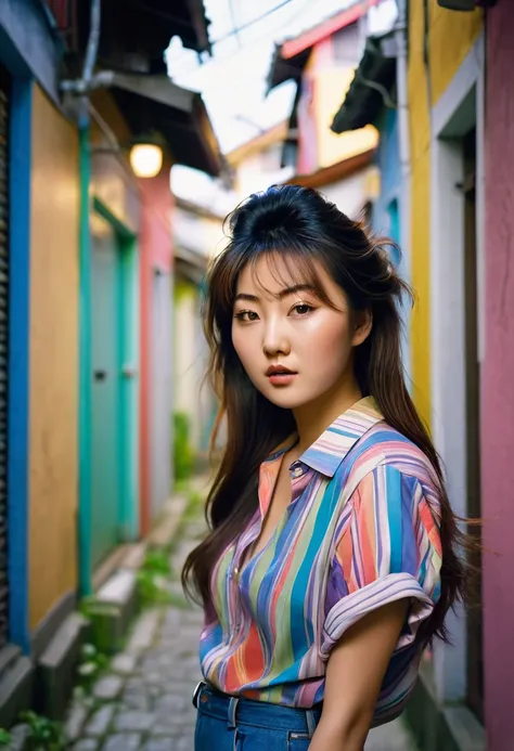 ((Asian woman, 20 years old)) , ((hairstyle by Hitomi Tanaka)), soft lighting, gentle shadow, (dynamic lighting), (swirly vibrant colors), in a small alley of residential houses,  colorfully, confrontation, wearing casual clothes, 80s jeans, cotton shirt w...