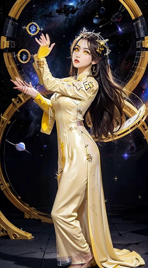  Zodiac sign virgo from the future, goddess of the pink and purple 12 Zodiac signs, the goddess of the Zodiac sign in a yellow ao dai, a 12 Zodiac sign ao dai with many black lace detail, mythology Goddess of the 12 Zodiac signs from the future, Zodiac sig...